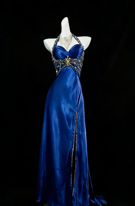 Pretty A Line Halter Sleeveless Slit Beads Long Prom Dress Evening Dresses
