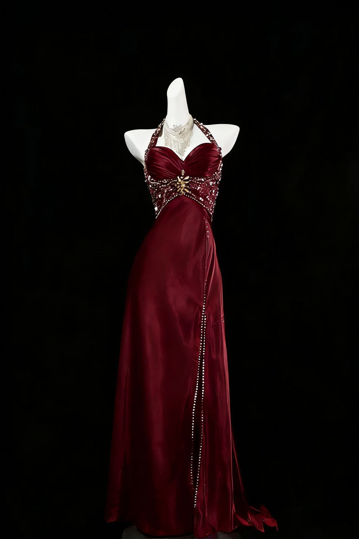 Pretty A Line Halter Sleeveless Slit Beads Long Prom Dress Evening Dresses
