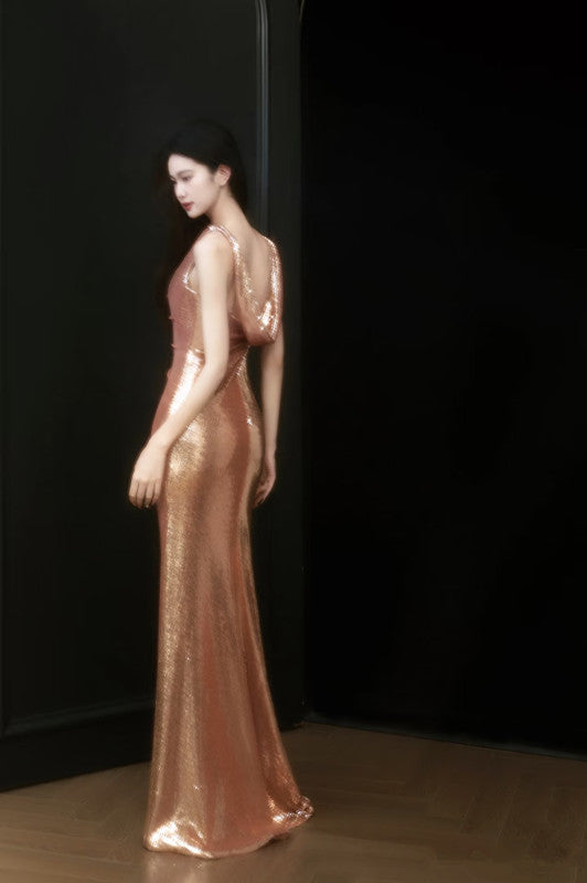 Sexy Sheath Straps Sequin Gold Prom Dresses Party Evening Dress With Ruffles