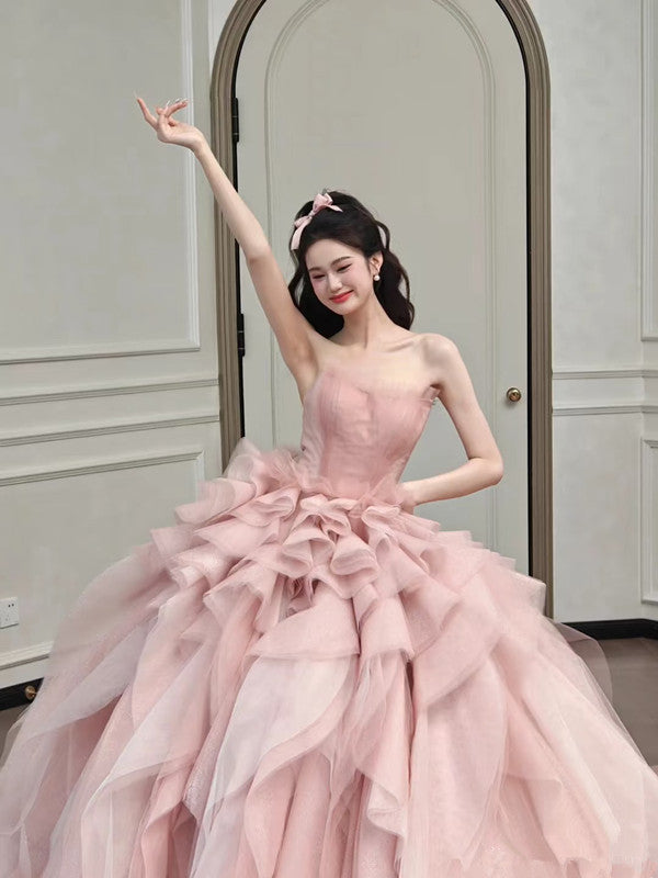Vintage Ball Gown Strapless Pink Long Prom Dresses Tulle Layers Evening Dress