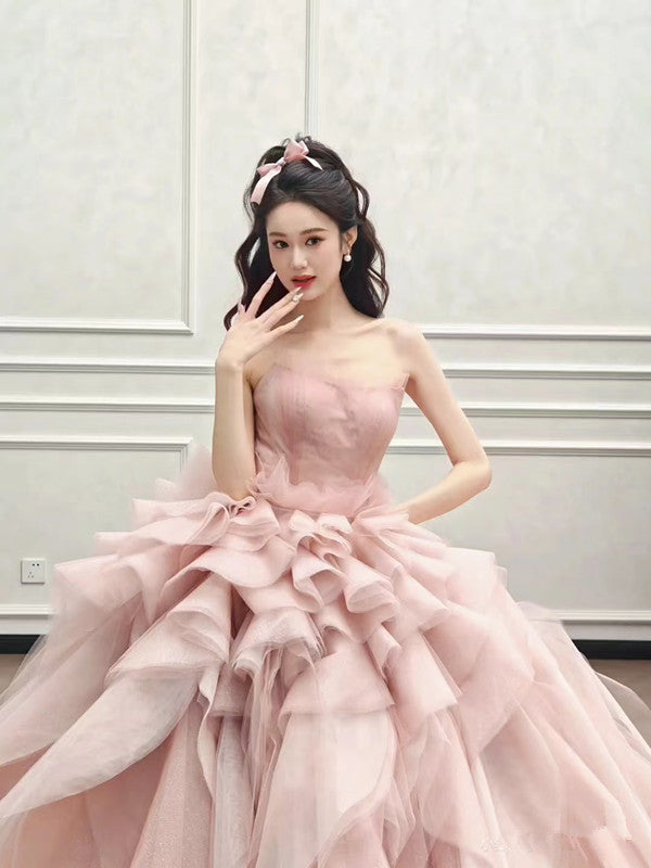 Vintage Ball Gown Strapless Pink Long Prom Dresses Tulle Layers Evening Dress