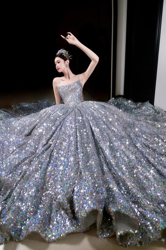 Vintage Ball Gown Strapless Sequin Silver Long Prom Dresses Layers Evening Dress