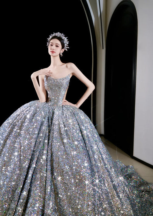 Vintage Ball Gown Strapless Sequin Silver Long Prom Dresses Layers Evening Dress