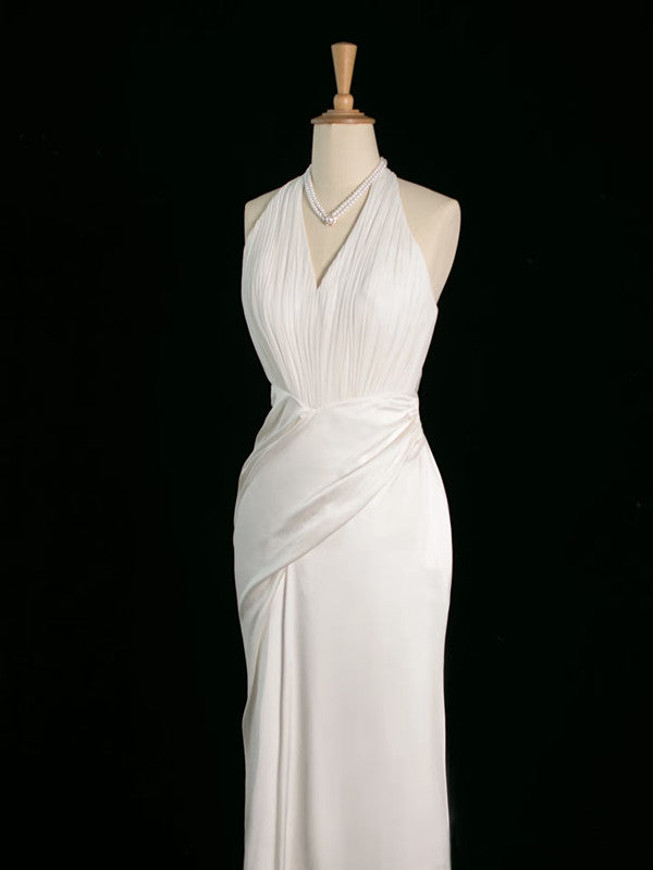 Chic Sheath Halter Sleeveless White Satin Wedding Dresses With Ruffles