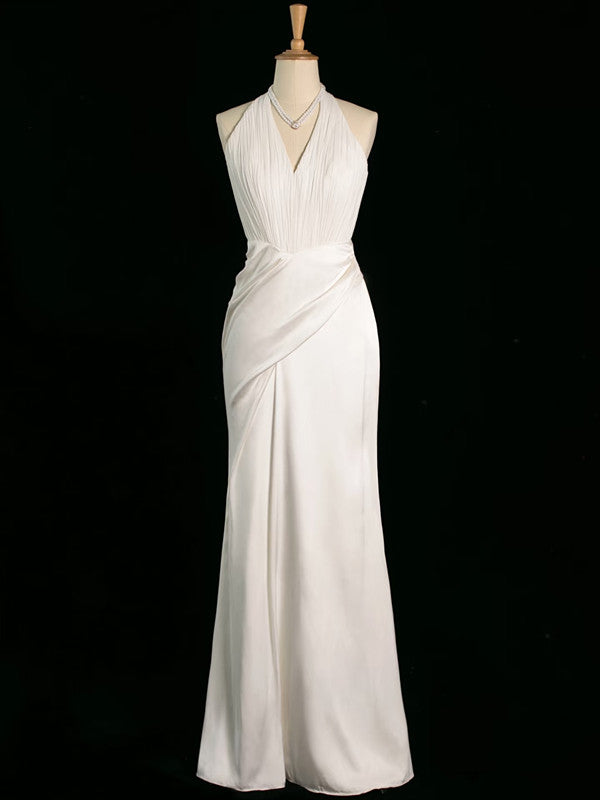 Chic Sheath Halter Sleeveless White Satin Wedding Dresses With Ruffles