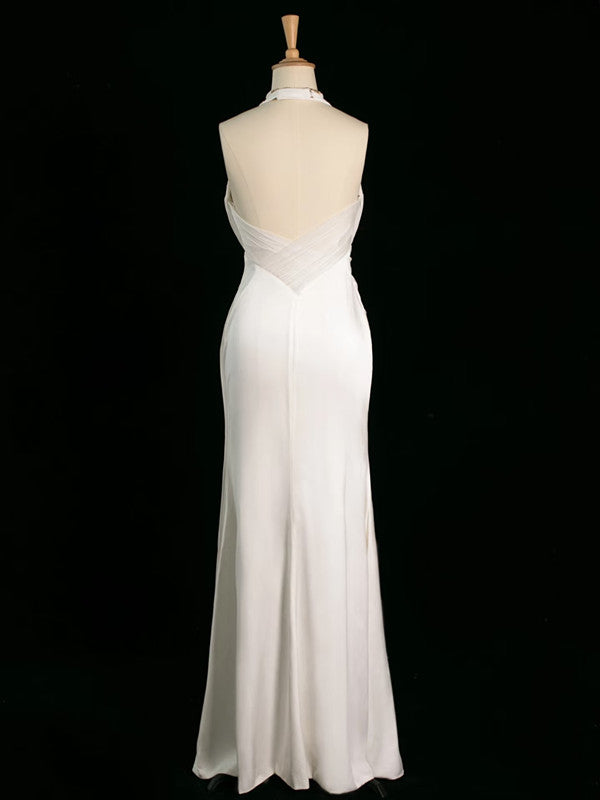 Chic Sheath Halter Sleeveless White Satin Wedding Dresses With Ruffles