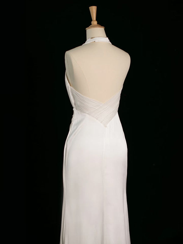 Chic Sheath Halter Sleeveless White Satin Wedding Dresses With Ruffles