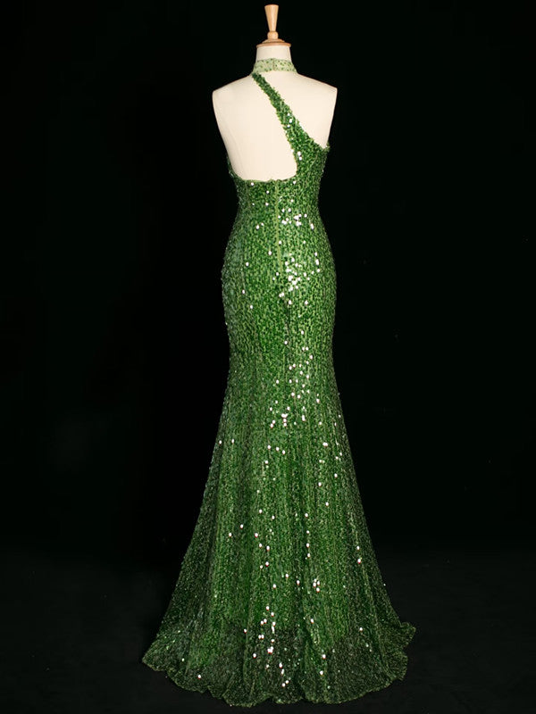 Sexy Sheath One Shoulder Green Sequin Prom Dresses Party Evening Dress With Beads