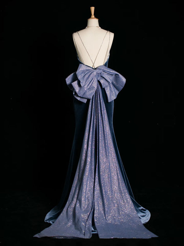 Sexy Mermaid Spaghetti Straps Navy Blue Velvet Prom Dresses Party Evening Dress With Beads