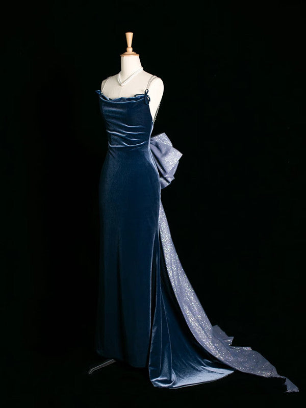 Sexy Mermaid Spaghetti Straps Navy Blue Velvet Prom Dresses Party Evening Dress With Beads