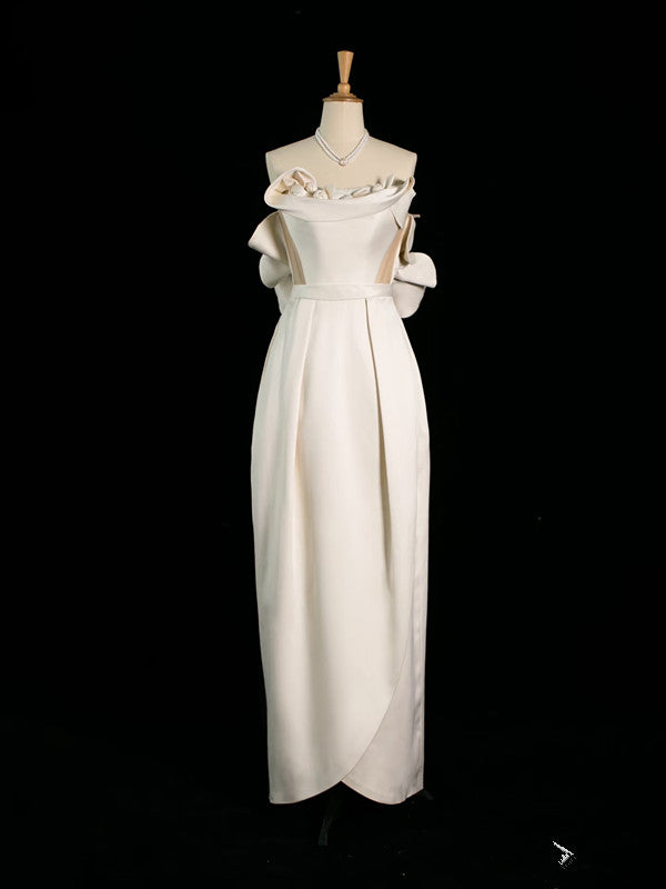 Chic Sheath Strapless Sleeveless Ivory Satin Wedding Dresses With Flowers