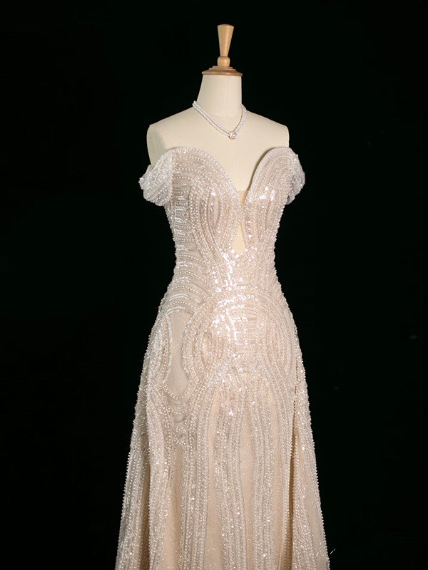 Vintage Sheath Off The Shoulder Sequin Champagne Wedding Dresses With Beads