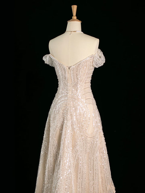 Vintage Sheath Off The Shoulder Sequin Champagne Wedding Dresses With Beads