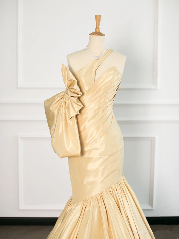 Sexy Mermaid One Shoulder Yellow Satin Long Prom Dresses Party Evening Dress With Bow