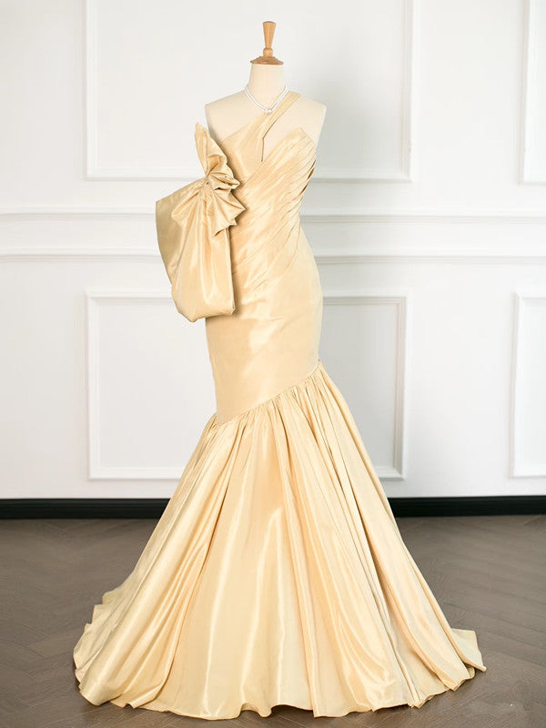 Sexy Mermaid One Shoulder Yellow Satin Long Prom Dresses Party Evening Dress With Bow