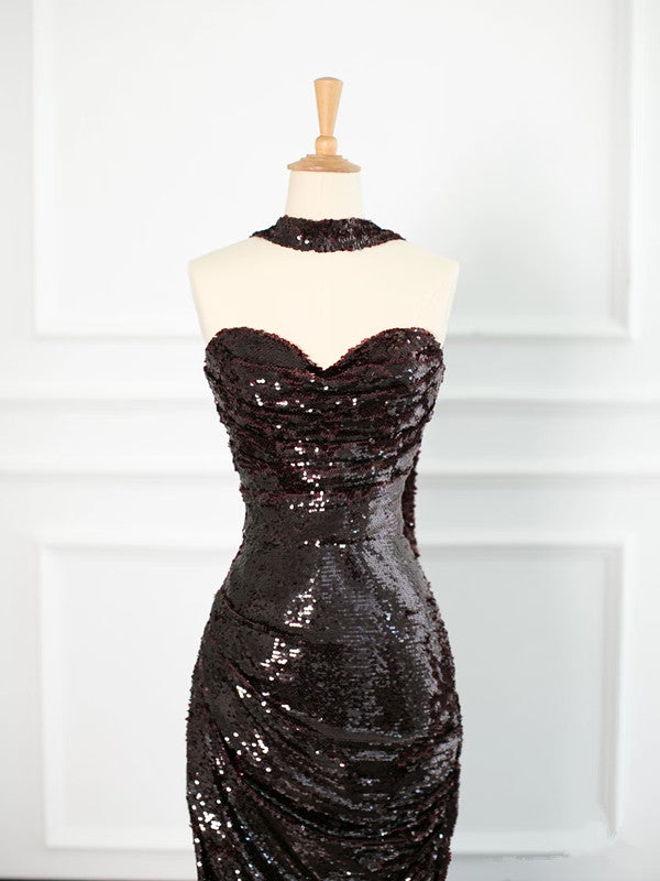 Sexy Sheath Strapless Sequin Prom Dresses Party Evening Dress With Ruffles