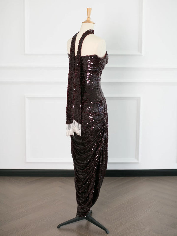 Sexy Sheath Strapless Sequin Prom Dresses Party Evening Dress With Ruffles