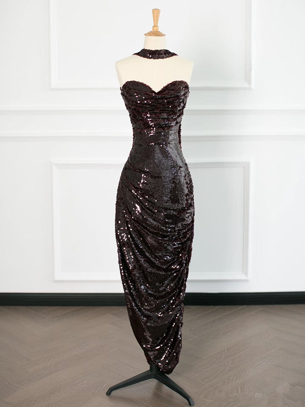 Sexy Sheath Strapless Sequin Prom Dresses Party Evening Dress With Ruffles