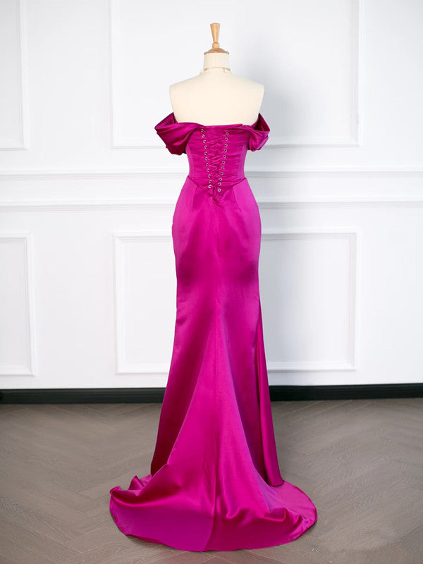 Sexy Mermaid Off The Shoulder Hot Pink Satin Prom Dresses Party Evening Dress With Ruffles