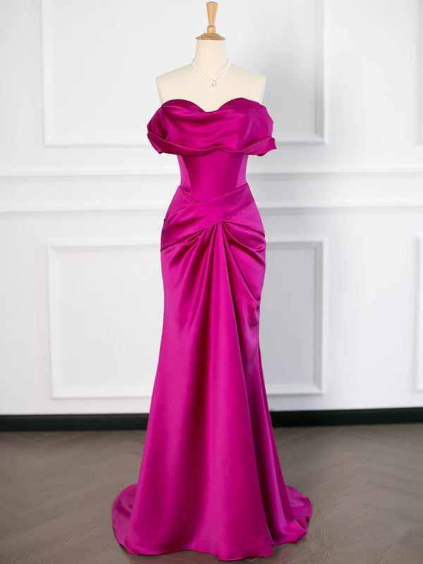 Sexy Mermaid Off The Shoulder Hot Pink Satin Prom Dresses Party Evening Dress With Ruffles