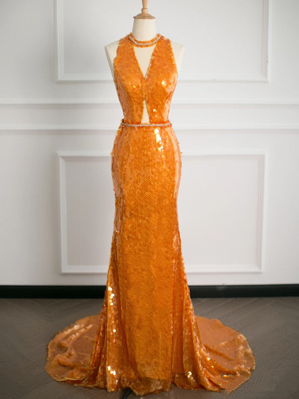 Sexy Mermaid Scoop Neckline Orange Sequin Prom Dresses Party Evening Dress With Beads