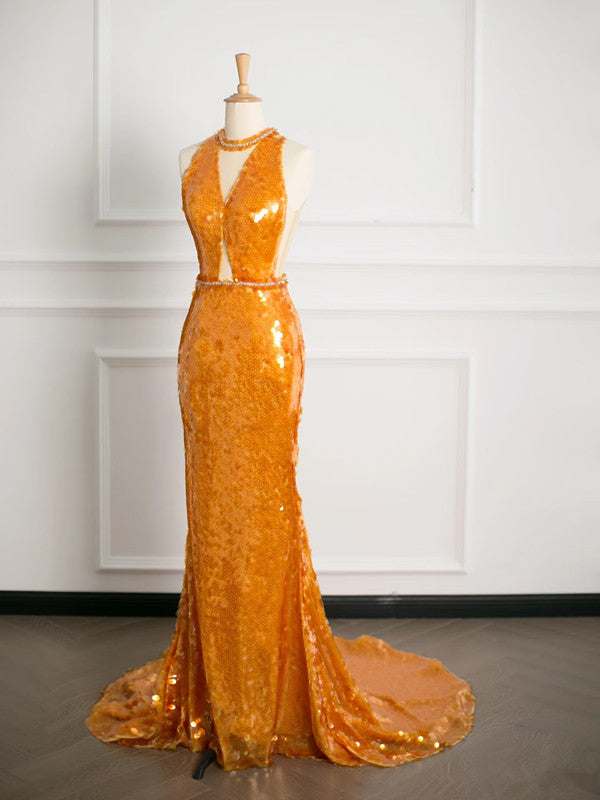 Sexy Mermaid Scoop Neckline Orange Sequin Prom Dresses Party Evening Dress With Beads