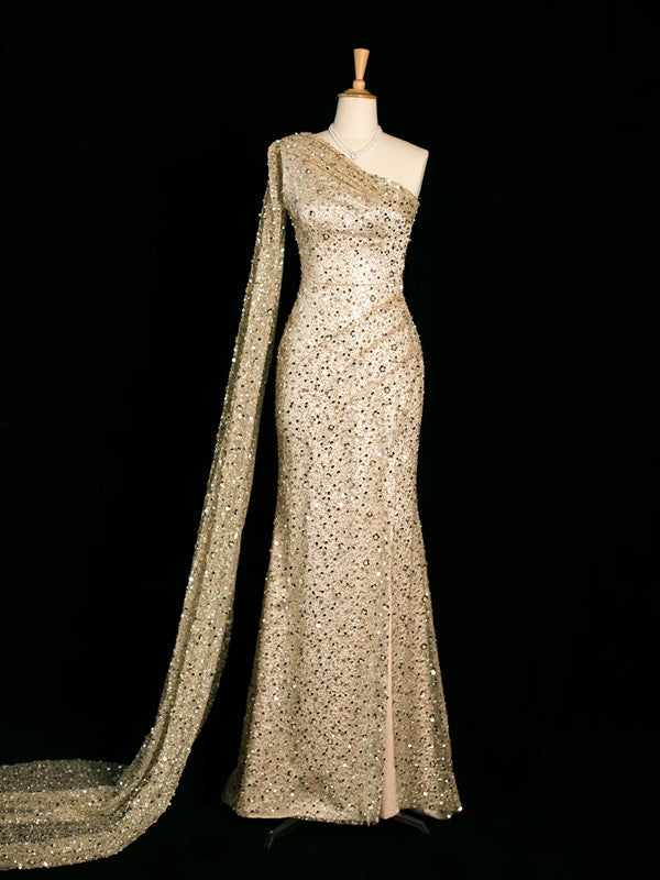 Sexy Mermaid One Shoulder Slit Sequin Prom Dresses Party Evening Dress