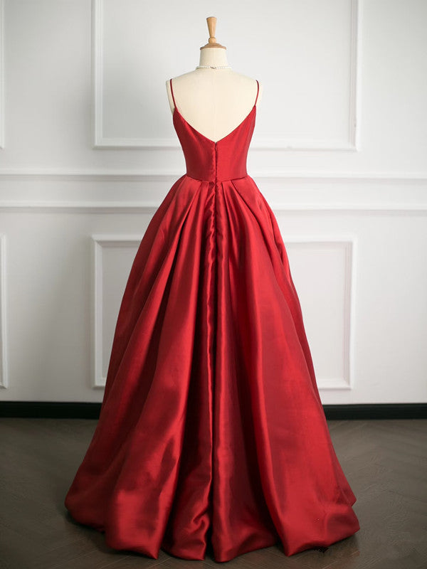 Simple Ball Gown Spaghetti Straps Red Satin Prom Dresses Party Evening Dress
