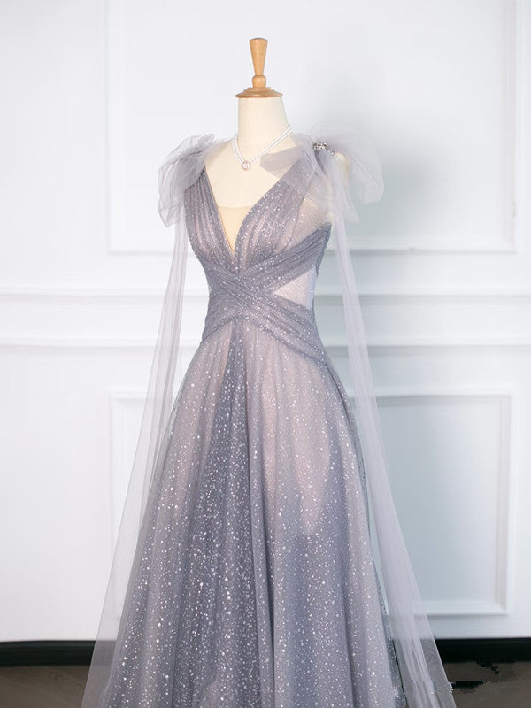 Simple A Line Spaghetti Straps Tulle Gray Prom Dresses Party Evening Dress