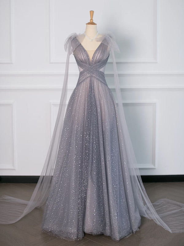 Simple A Line Spaghetti Straps Tulle Gray Prom Dresses Party Evening Dress