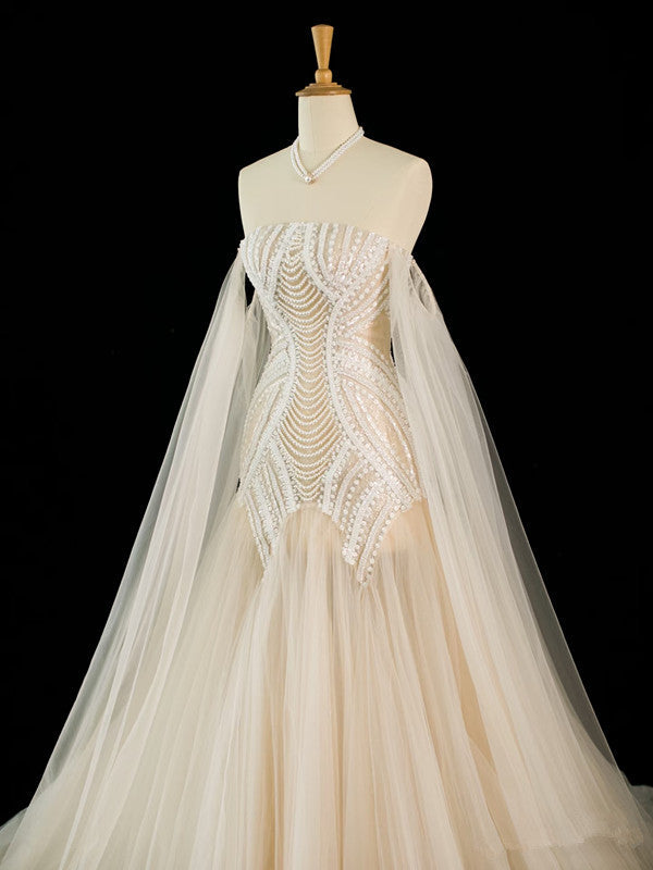 Vintage Mermaid Off The Shoulder Tulle Champagne Wedding Dresses With Pearls