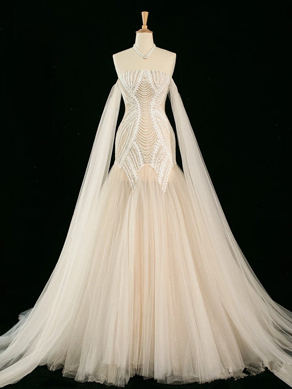 Vintage Mermaid Off The Shoulder Tulle Champagne Wedding Dresses With Pearls