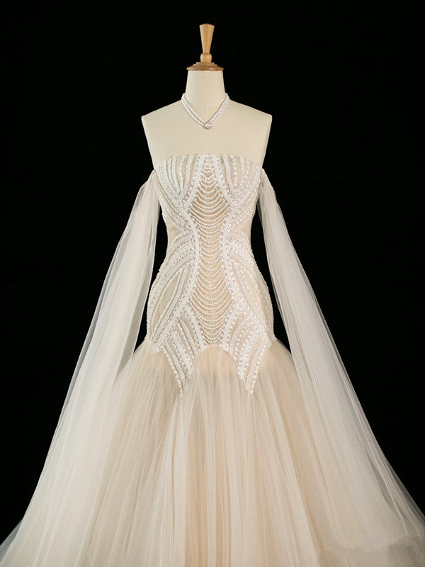 Vintage Mermaid Off The Shoulder Tulle Champagne Wedding Dresses With Pearls