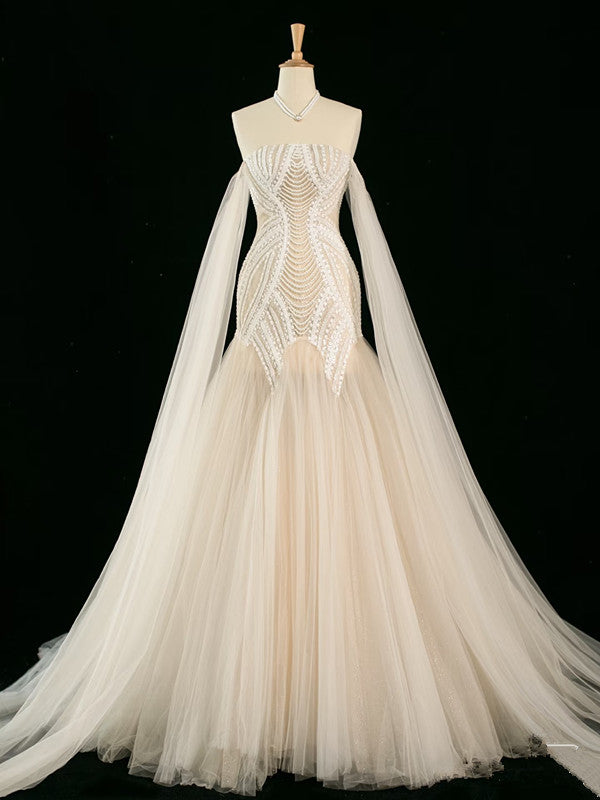 Vintage Mermaid Off The Shoulder Tulle Champagne Wedding Dresses With Pearls