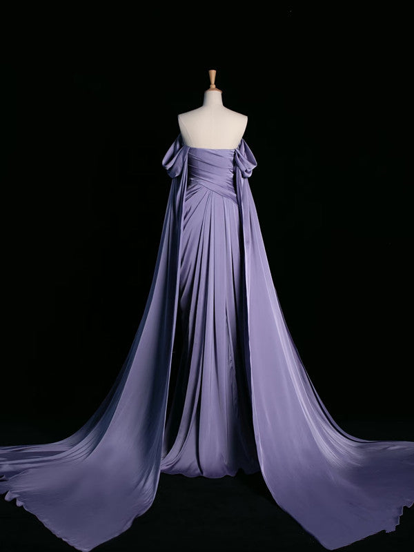 Pretty A Line Off The Shoulder Grape Satin Long Prom Dresses Party Evening Dress