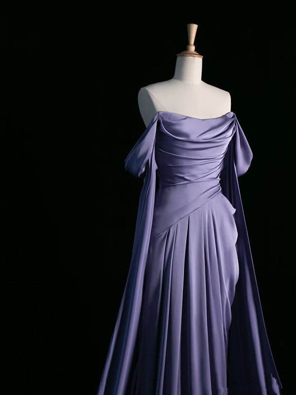 Pretty A Line Off The Shoulder Grape Satin Long Prom Dresses Party Evening Dress