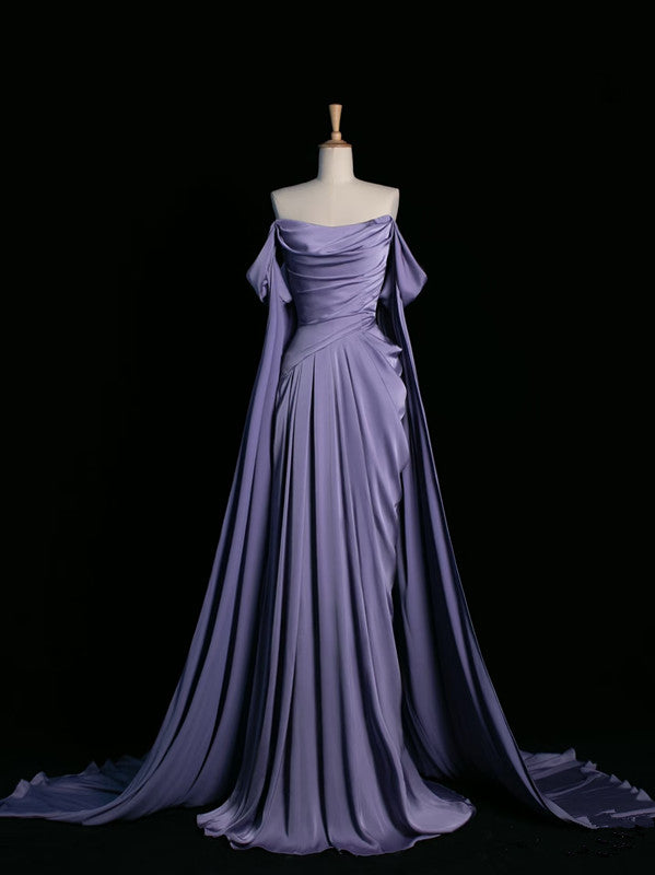 Pretty A Line Off The Shoulder Grape Satin Long Prom Dresses Party Evening Dress