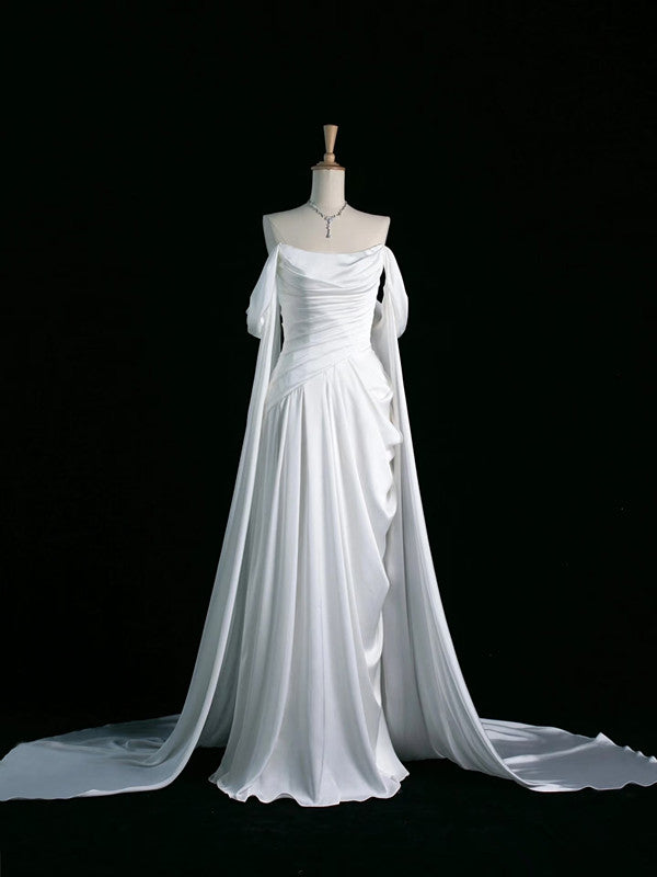 Pretty A Line Off The Shoulder White Satin Long Prom Dresses Party Evening Dress