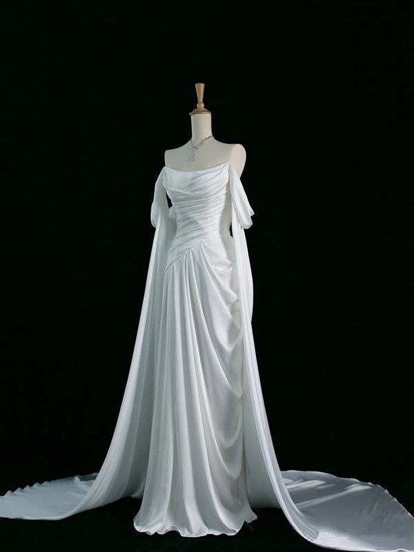 Pretty A Line Off The Shoulder White Satin Long Prom Dresses Party Evening Dress