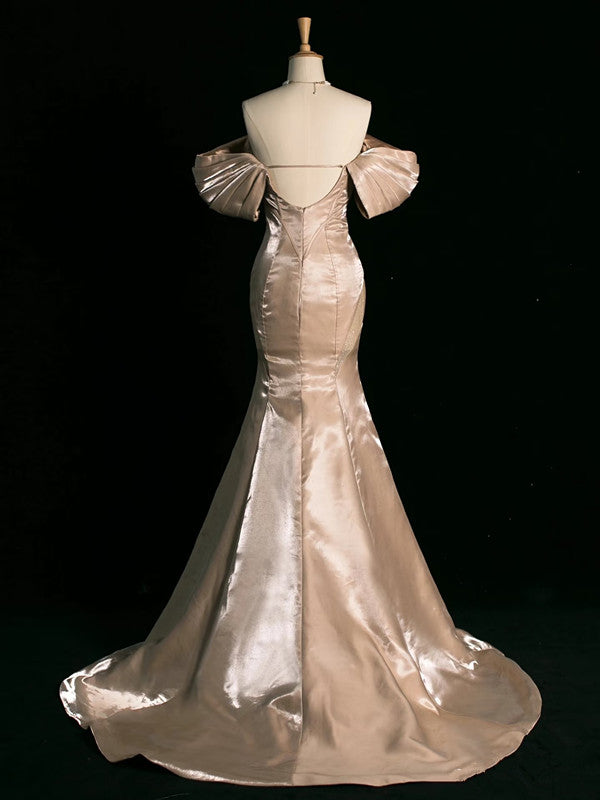 Pretty Mermaid Off The Shoulder Satin Long Champagne Prom Dresses Party Evening Dress