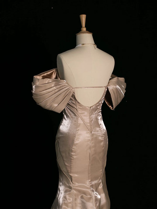 Pretty Mermaid Off The Shoulder Satin Long Champagne Prom Dresses Party Evening Dress
