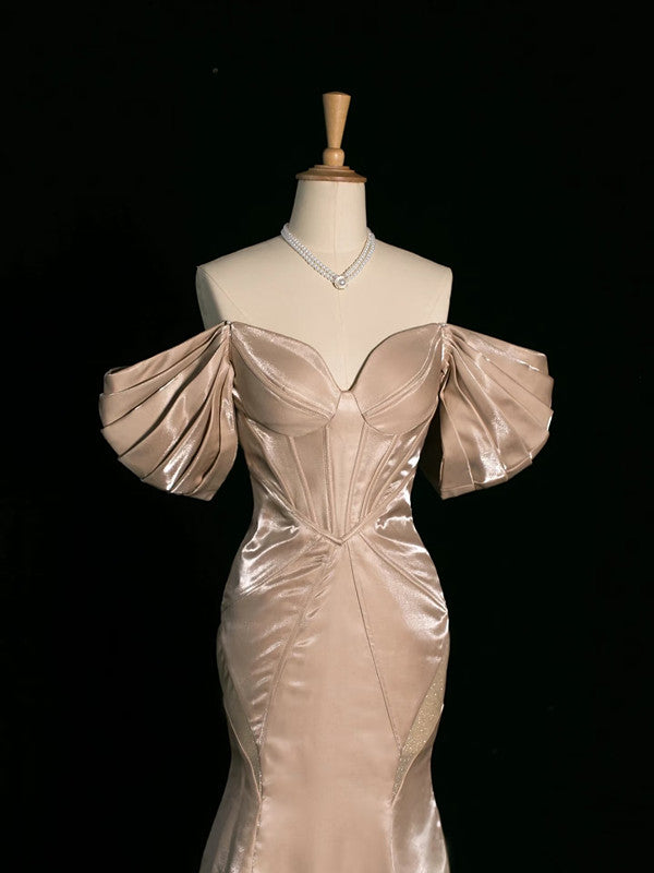 Pretty Mermaid Off The Shoulder Satin Long Champagne Prom Dresses Party Evening Dress