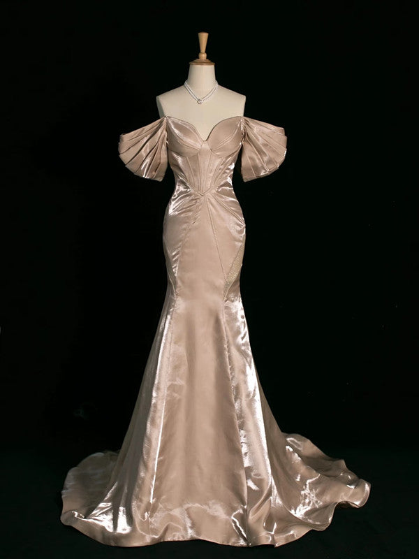 Pretty Mermaid Off The Shoulder Satin Long Champagne Prom Dresses Party Evening Dress