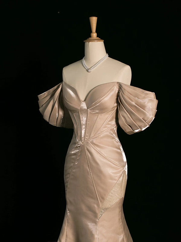 Pretty Mermaid Off The Shoulder Satin Long Champagne Prom Dresses Party Evening Dress