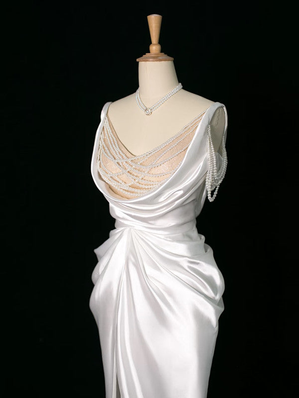 Vintage Mermaid Jewel Neckline White Satin Slit Wedding Dresses With Pearls