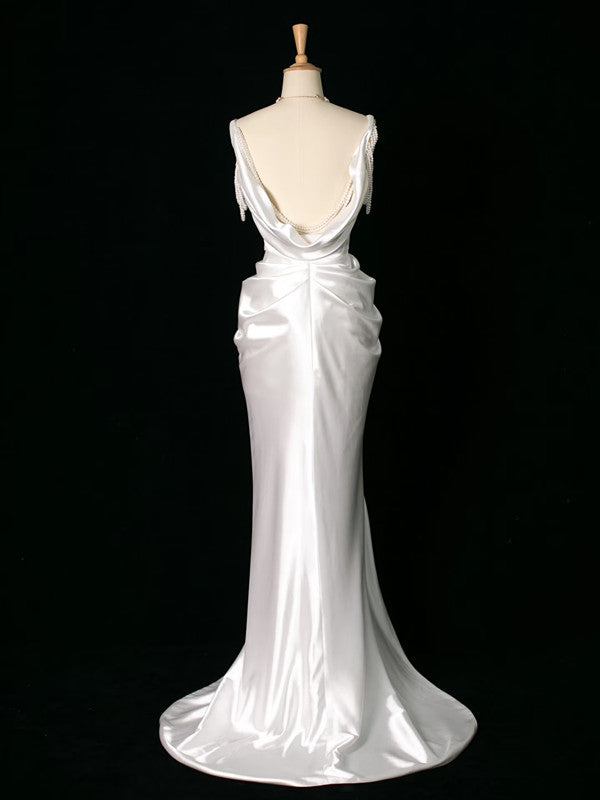 Vintage Mermaid Jewel Neckline White Satin Slit Wedding Dresses With Pearls