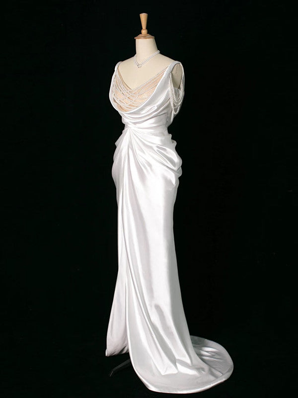 Vintage Mermaid Jewel Neckline White Satin Slit Wedding Dresses With Pearls