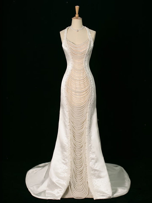 Luxury Mermaid Halter Sleeveless White Satin Wedding Dresses With Pearls