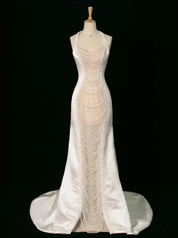 Luxury Mermaid Halter Sleeveless White Satin Wedding Dresses With Pearls