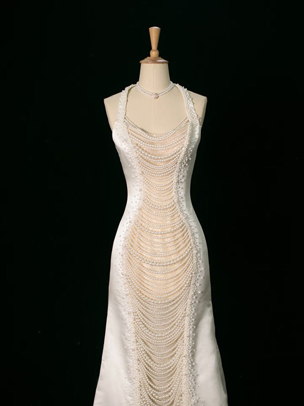 Luxury Mermaid Halter Sleeveless White Satin Wedding Dresses With Pearls